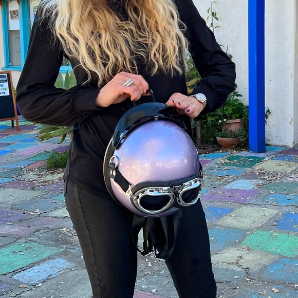 Purple Lavender Metallic Motorcycle Helmet Backpack Crossbody Shoulder Bag Purse - Picture 6 of 13
